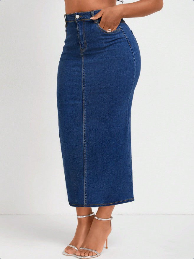 Damen Taillenhoher Stretch-Denim-Midirock mit sichtbarer Mittelnaht und Five-Pocket-Design Drune