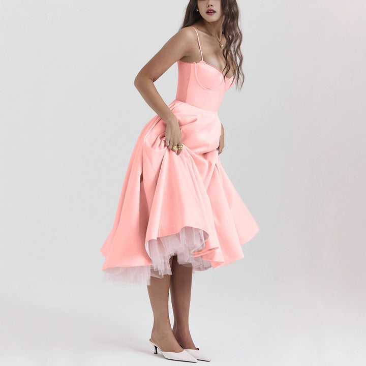 Damen nan tailliertes retro-inspiriertes Midikleid mit Korsage Unterbrustnähten Tellerrock und Eingrifftaschen Drune