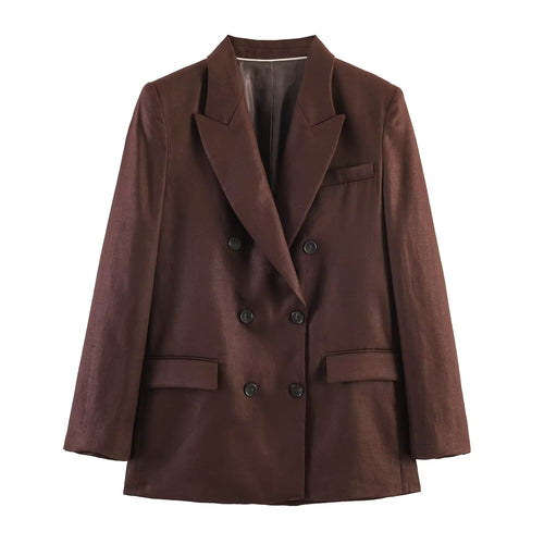 Damen Doppelreihiger Leinenblazer mit Peak-Revers und aufgesetzten Pattentaschen Drune