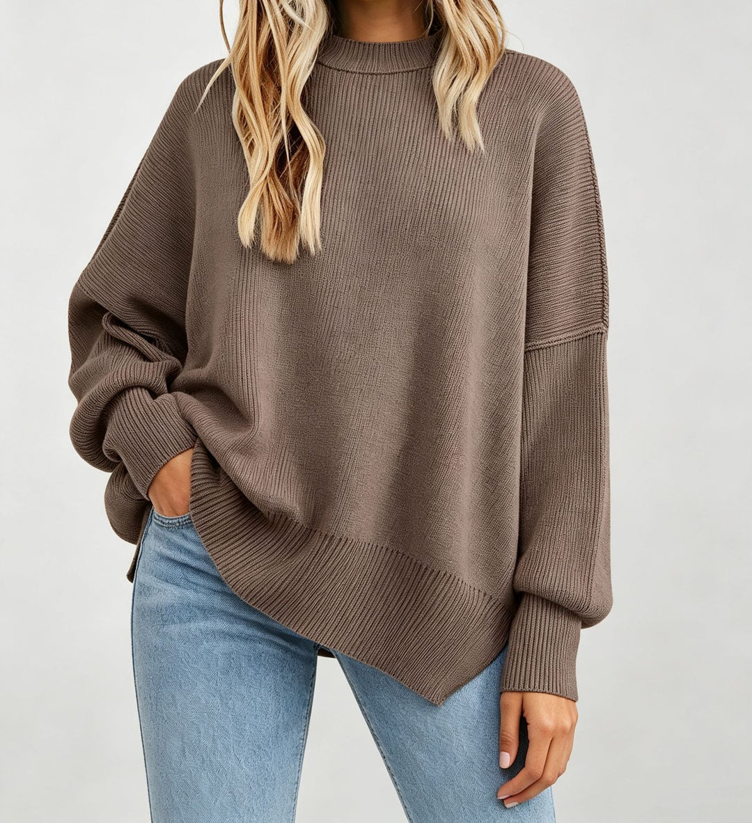 Damen Kastiger Feinstrickpullover mit asymmetrischem Zipfelsaum Drune