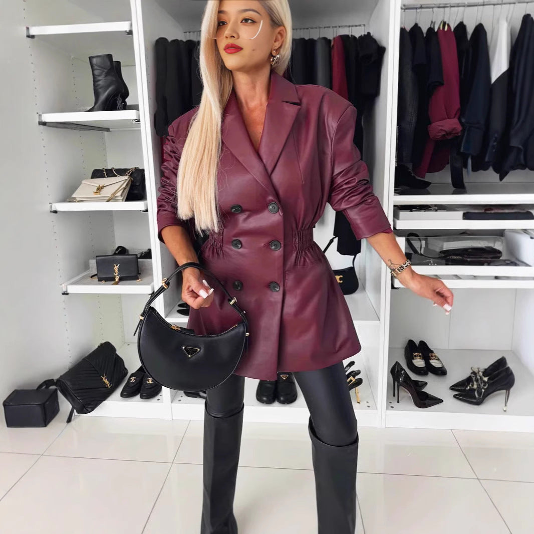 Damen eleganter Blazer aus Kunstleder mit Taillierung Drune