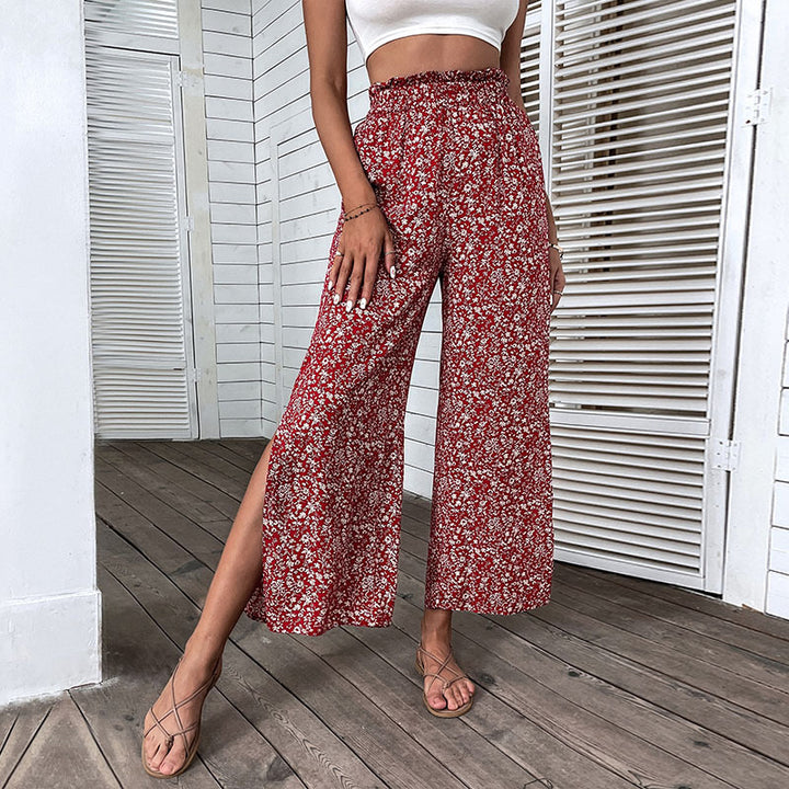 Damen Leichte High‑Waist Palazzo‑Hose mit Gummibund, Blumenprint und seitlichem Beinschlitz Drune