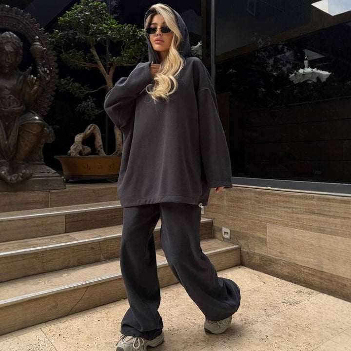 Damen oversized Kapuzen-Sweatshirt mit Ballonärmeln und weite High-Waist Jogginghose Drune