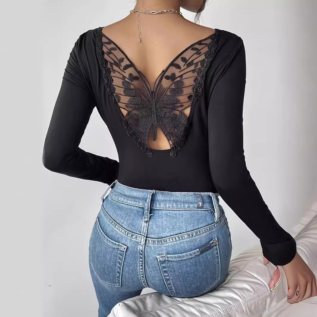 Damen nan eng anliegendes Langarmtop mit tiefer Rückenöffnung und besticktem Schmetterlings-Spitzeneinsatz Drune