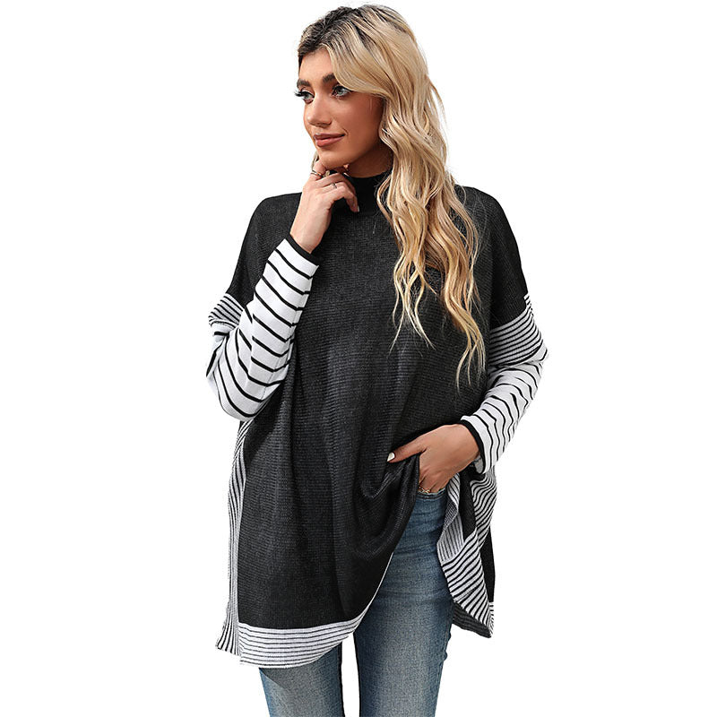 Damen Oversize Strickpullover mit Stehkragen und gestreiften Raglanärmeln Drune
