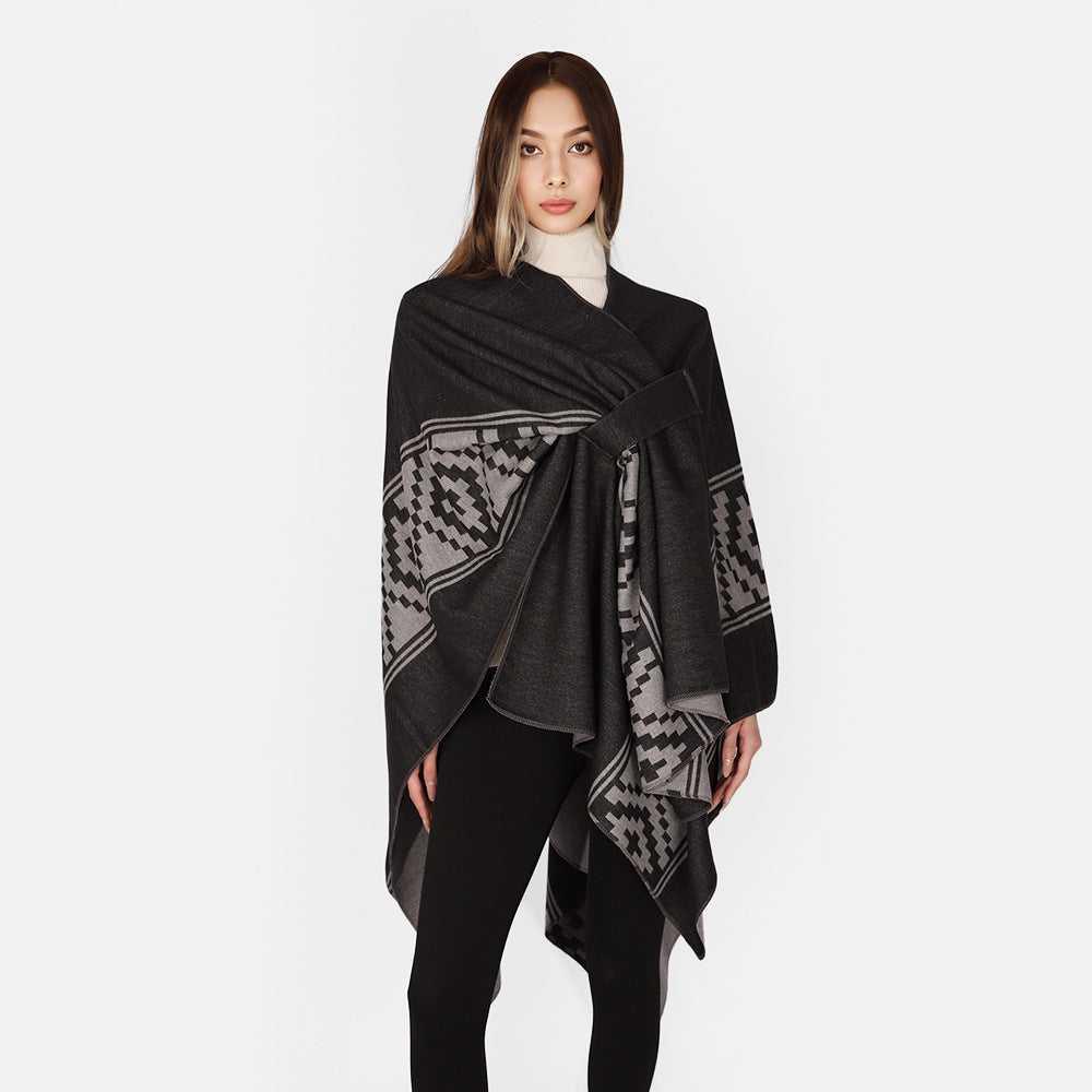 Damen Jacquard‑Ruana mit Bindegürtel und geometrischem Muster Drune