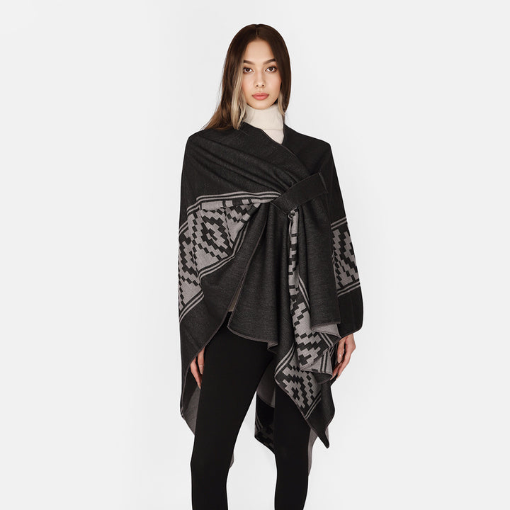 Damen Jacquard‑Ruana mit Bindegürtel und geometrischem Muster Drune