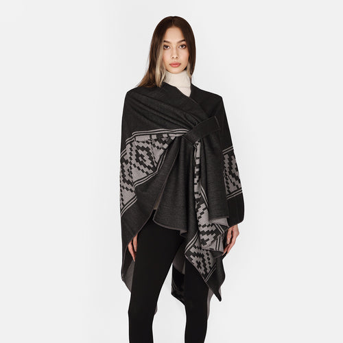Damen Jacquard‑Ruana mit Bindegürtel und geometrischem Muster Drune