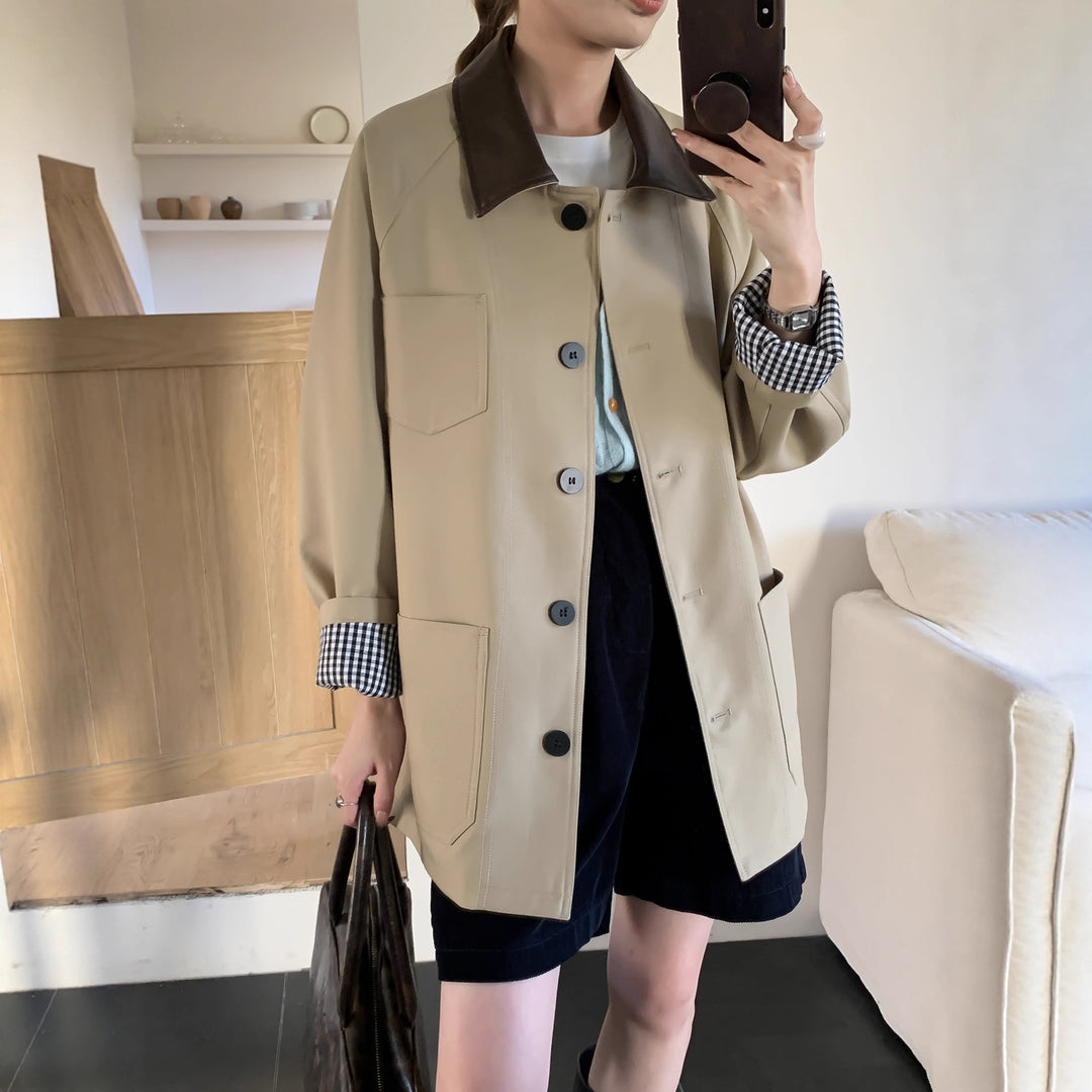 Damen Leichte Oversize-Übergangsjacke mit Kontrastkragen und kariertem Ärmelsaum Drune