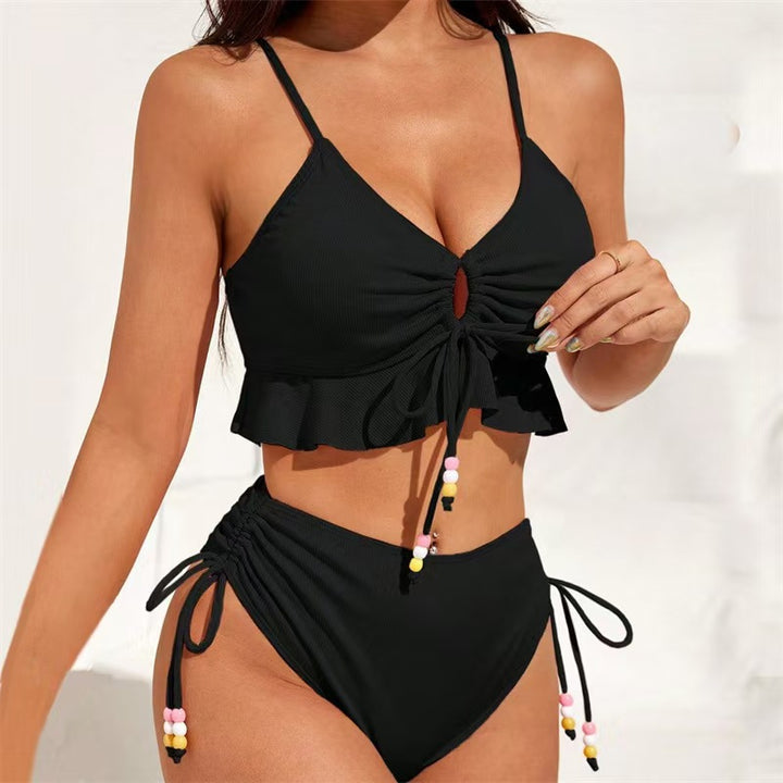 Damen Hochgeschnittenes Rüschen-Bikini-Set mit verstellbaren Bändern Drune