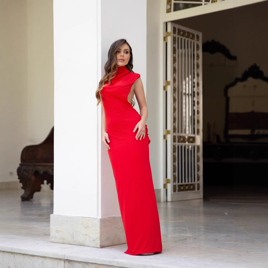 Damen stilvolles Maxikleid mit asymmetrischem Schnitt und hohem Stehkragen Drune