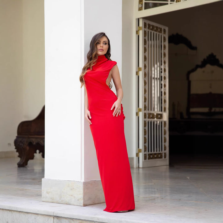 Damen stilvolles Maxikleid mit asymmetrischem Schnitt und hohem Stehkragen Drune