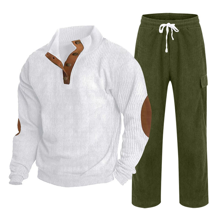 Herren Gemütliches Freizeit-Set aus Waffelstrick-Henley mit Ellenbogenpatch und Relax-Cargo-Hose Drune
