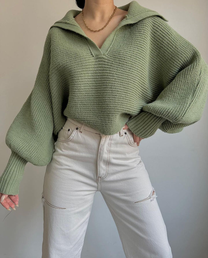 Damen Oversize Rippsweater mit Reverskragen und tiefem V‑Ausschnitt Drune