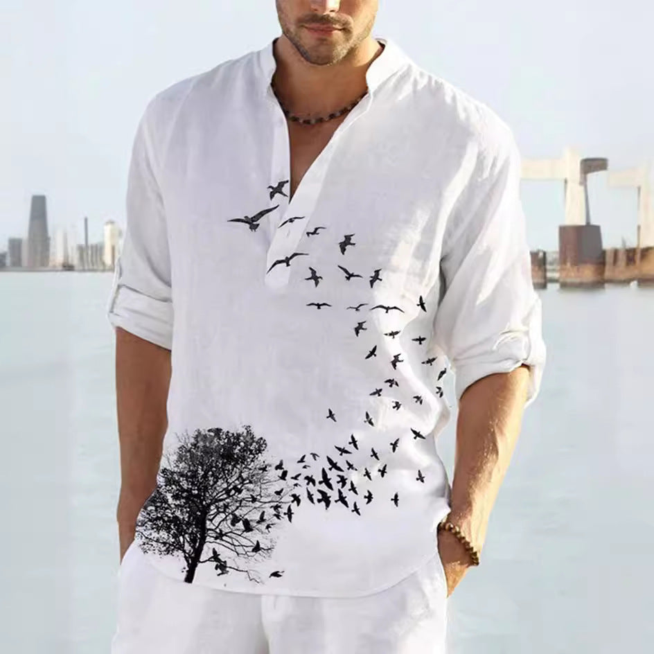 Herren Leinenhemd mit einzigartigem Federdesign und modischem Henley-Ausschnitt Drune
