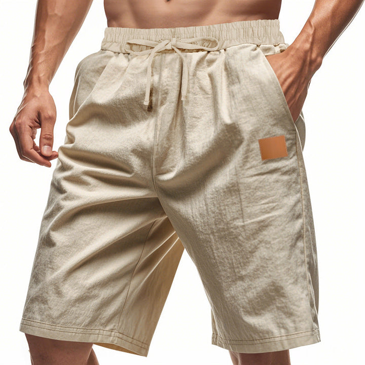 Herren nan leichte Freizeit-Bermudashorts mit Elastikbund, Kordelzug und dezenter Lederapplikation Drune
