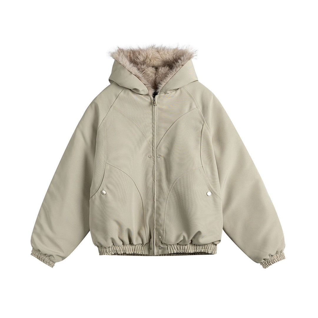 Damen Kurz geschnittene Camouflage-Übergangsjacke mit Kunstfellkapuze und elastischem Saum Drune