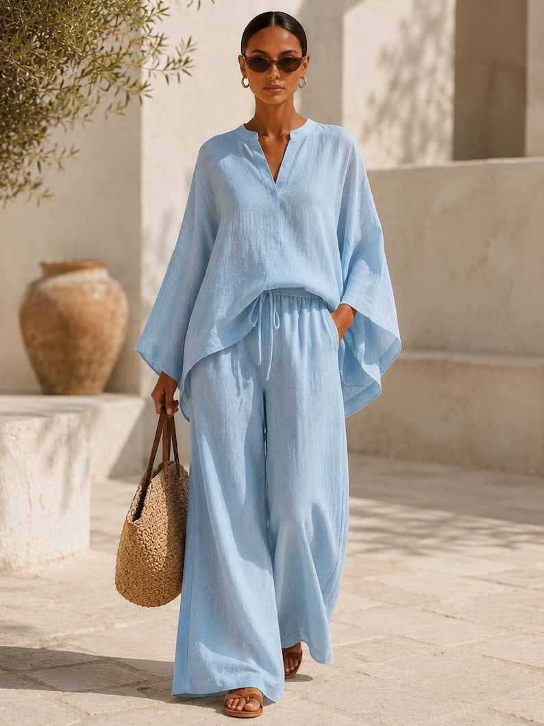 Damen Leichte Leinenmischung Übergroße Kaftan-Oberteil und Kordelzug Weitbein-Hosen Set Drune