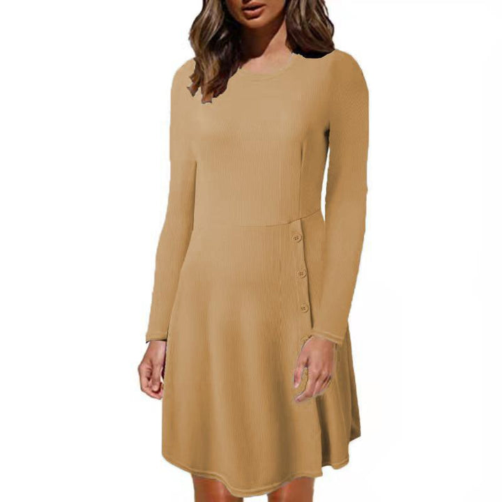 Damen Geripptes A‑Linien Kleid mit Rundhalsausschnitt, langen Ärmeln und seitlicher Knopfleiste Drune