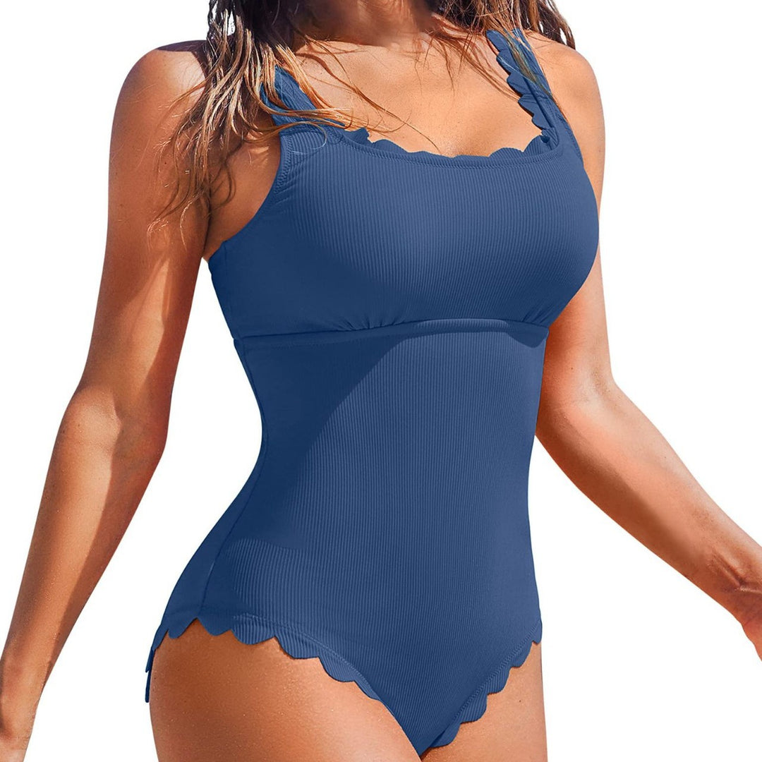 Damen Eleganter Einteiler Badeanzug mit Wellenkante und elastischem Bund Drune
