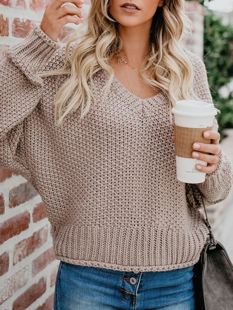 Damen Oversize Grobstrickpullover mit V-Ausschnitt und Rippsaum Drune