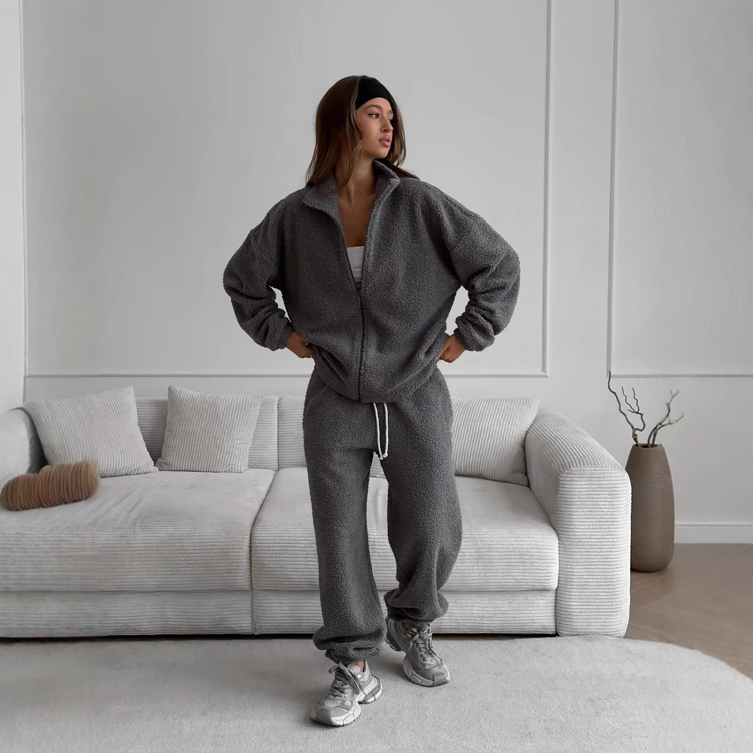 Damen Teddy-Fleece Loungewear-Set mit Reißverschlussjacke und Kordelzug-Hose Drune
