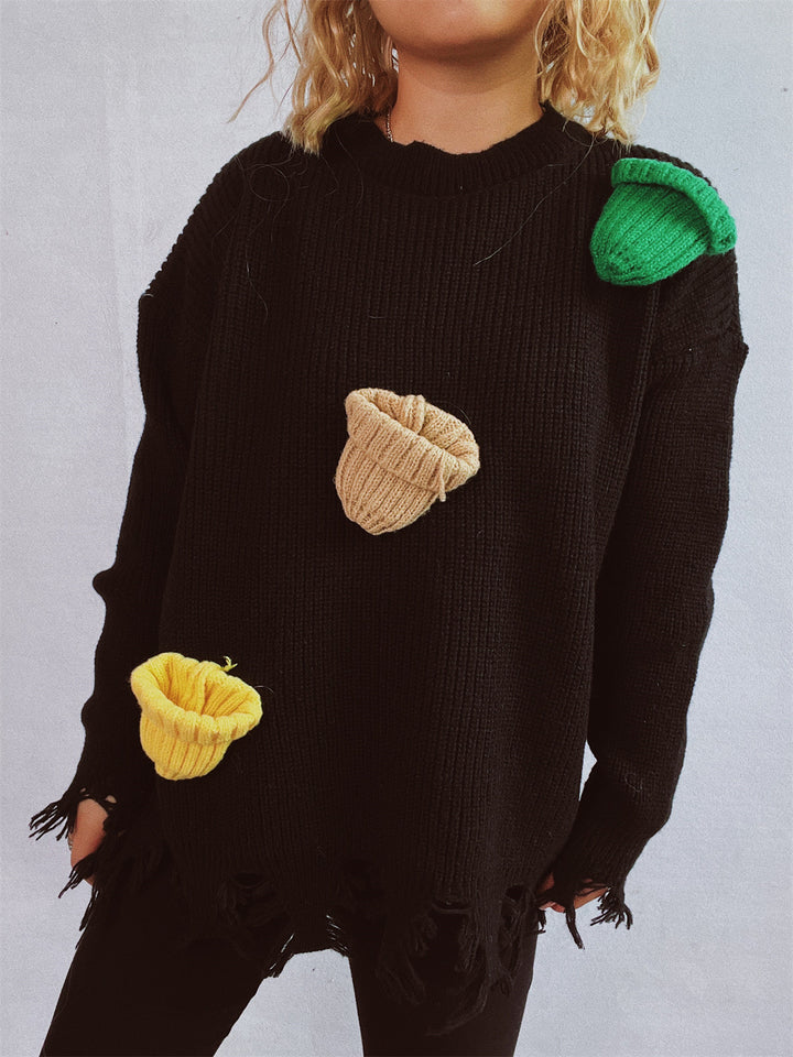 Damen lässiger Oversize-Pullover mit fransigen Details und bunten Applikationen Drune
