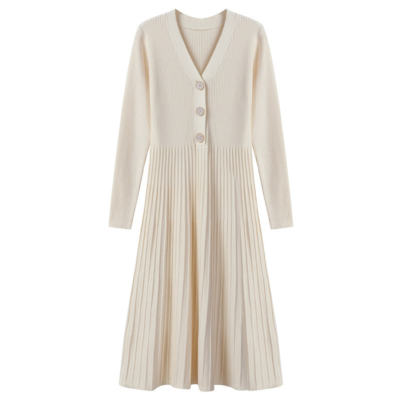 Damen Strickkleid mit V-Ausschnitt und dekorativen Knopfdetails Drune