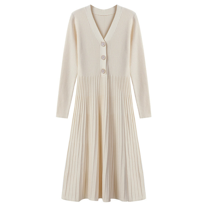 Damen Strickkleid mit V-Ausschnitt und dekorativen Knopfdetails Drune