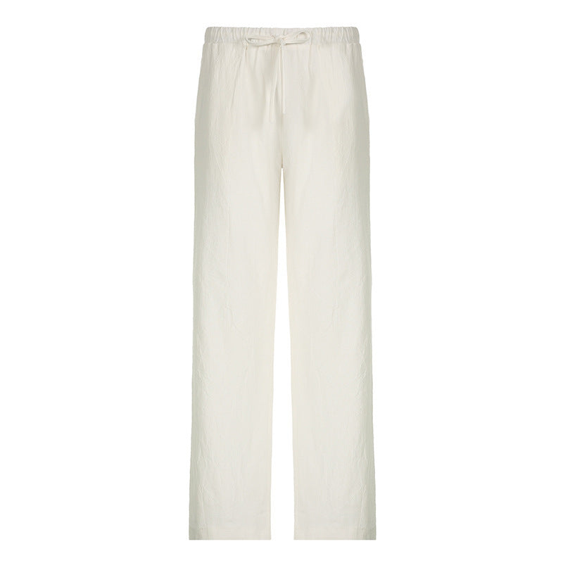 Damen Leichte Leinenhose mit weitem Bein, elastischem Bund und Tunnelzug Drune