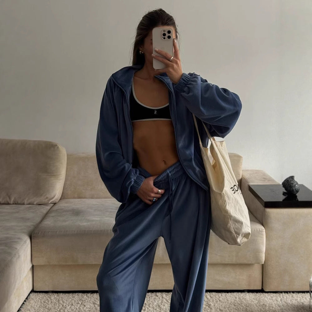 Damen lässiges Lounge-Zweiteiler Set mit Oversize Zipjacke und weitem Bundhose Drune