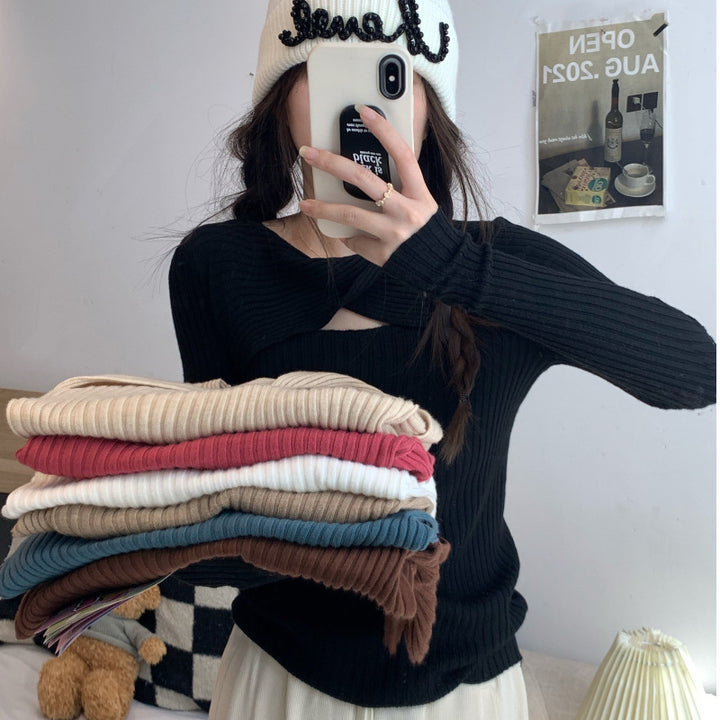 Damen Langarmshirt mit offener Schulterpartie und Rippstrickmuster Drune
