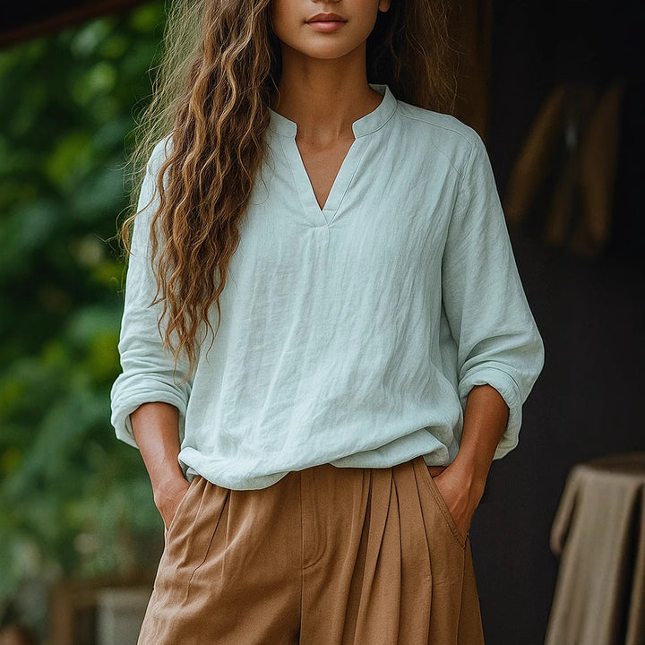 Damen Casual Tunika-Bluse in Leinenoptik mit kleinem Stehkragen und V‑Schlitz Drune