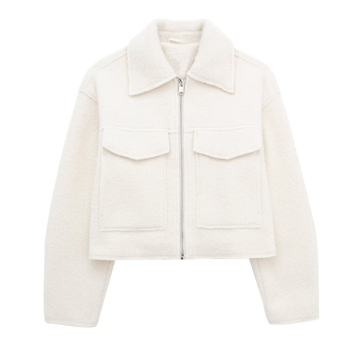 Damen Kurz geschnittene Teddyjacke mit Reißverschluss, Kragen und aufgesetzten Klappentaschen Drune