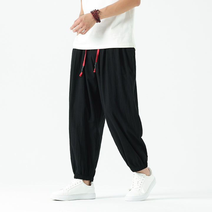 Herren nan locker geschnittene Leinen-Baumwoll Hose mit Kordelzug und elastischen Bündchen Drune