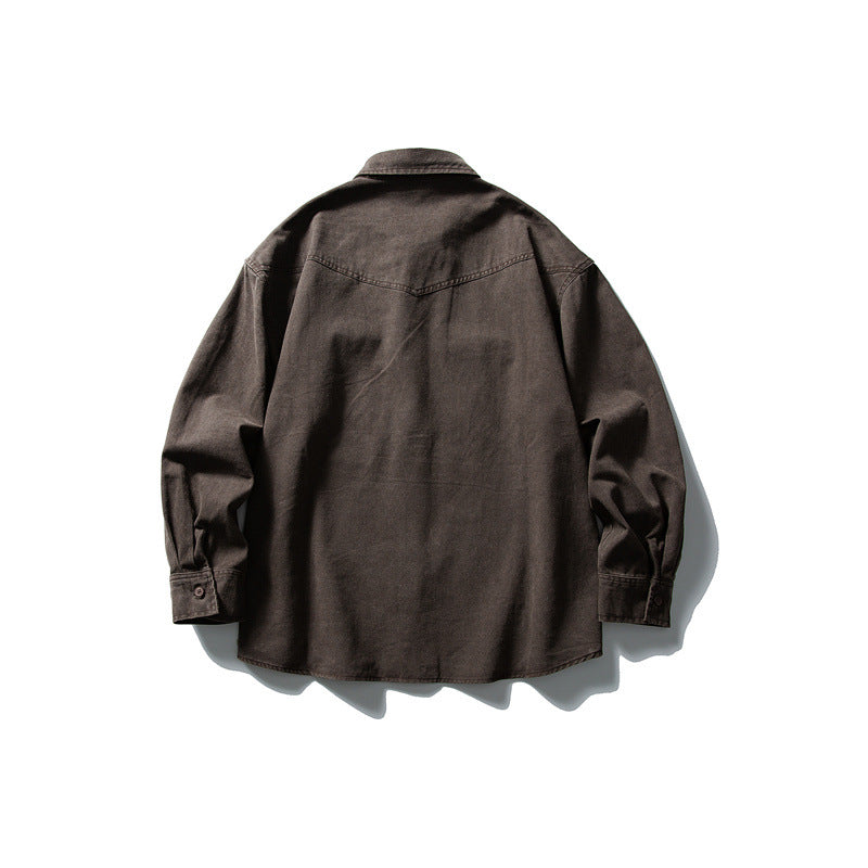 Unisex Oversize Baumwoll-Denim Hemdjacke mit aufgesetzten Brusttaschen und gerundetem Saum Drune