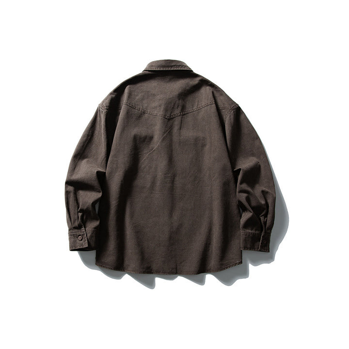 Unisex Oversize Baumwoll-Denim Hemdjacke mit aufgesetzten Brusttaschen und gerundetem Saum Drune