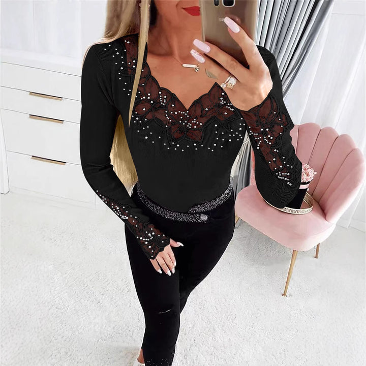 Damen nan figurbetonte Feinstrickbluse mit V-Ausschnitt und floraler Spitzenapplikation Drune