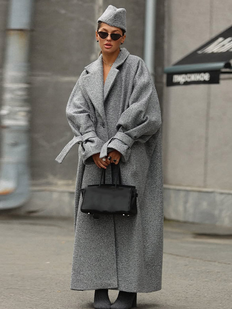 Damen Oversized Wollmantel mit gestreiftem Design und Gürtel Drune