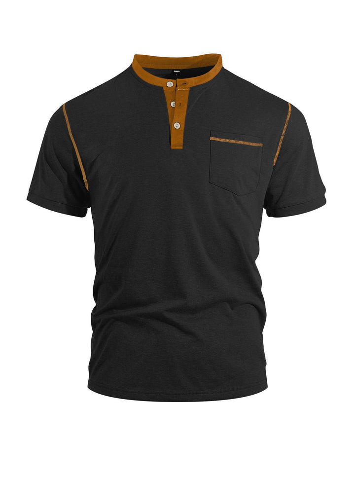 Herren nan legeres Kurzarm-Bandkragenshirt mit Knopfleiste Brusttasche und Flatlocknähten Drune