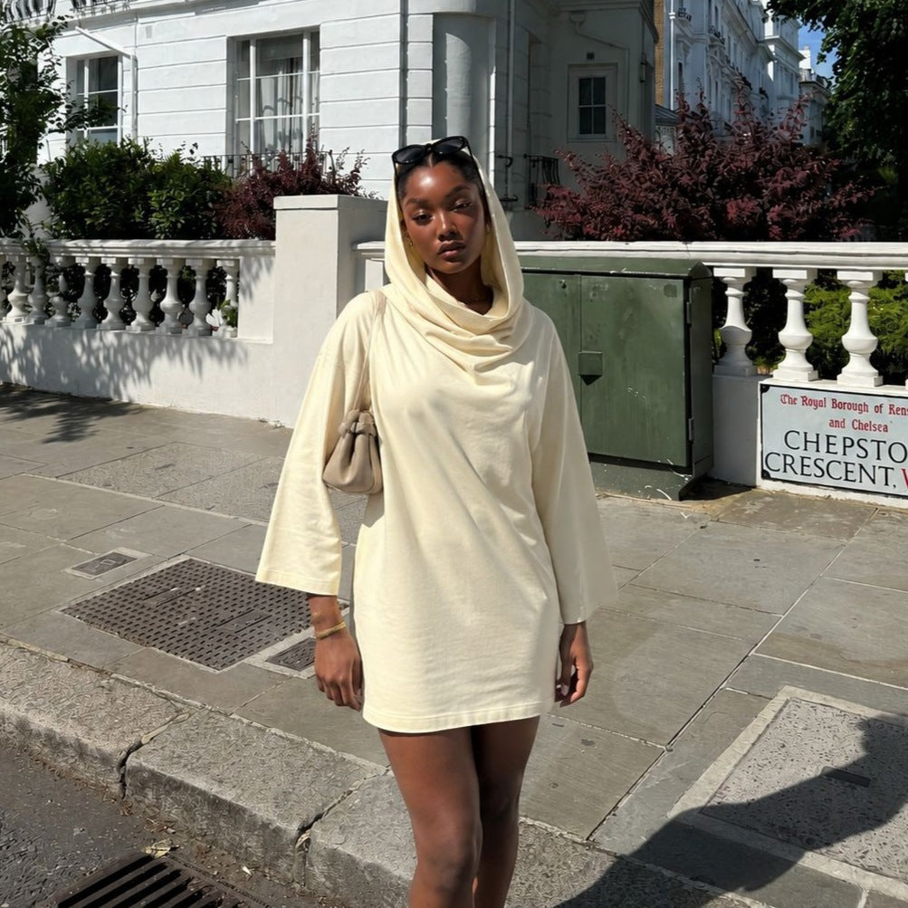 Damen Kapuzenminikleid mit drapiertem Halsausschnitt und überschnittenen 3 4-Ärmeln Drune