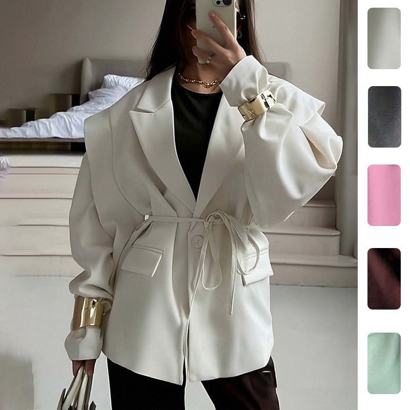 Damen Oversized Blazer mit Taillengürtel und eleganten Puffärmeln Drune