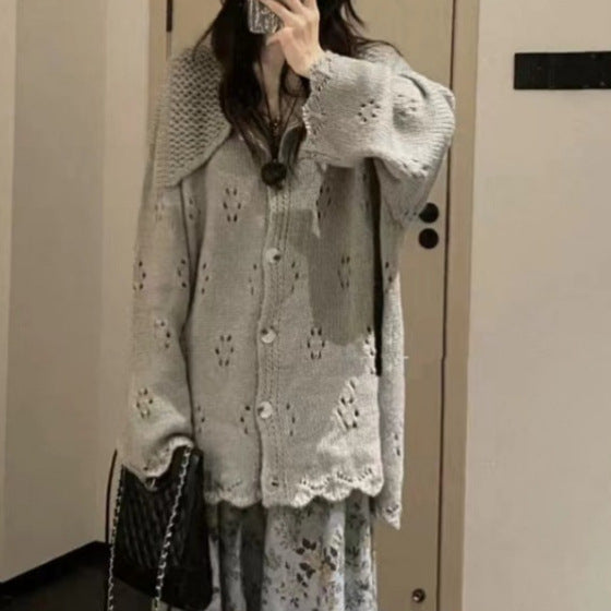 Damen Strickjacke mit floralem Lochmuster und großem Kragen Drune
