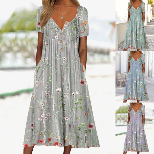 Damen Maxikleid mit zeitlosem Blumenmuster und seitlichen Taschen Drune