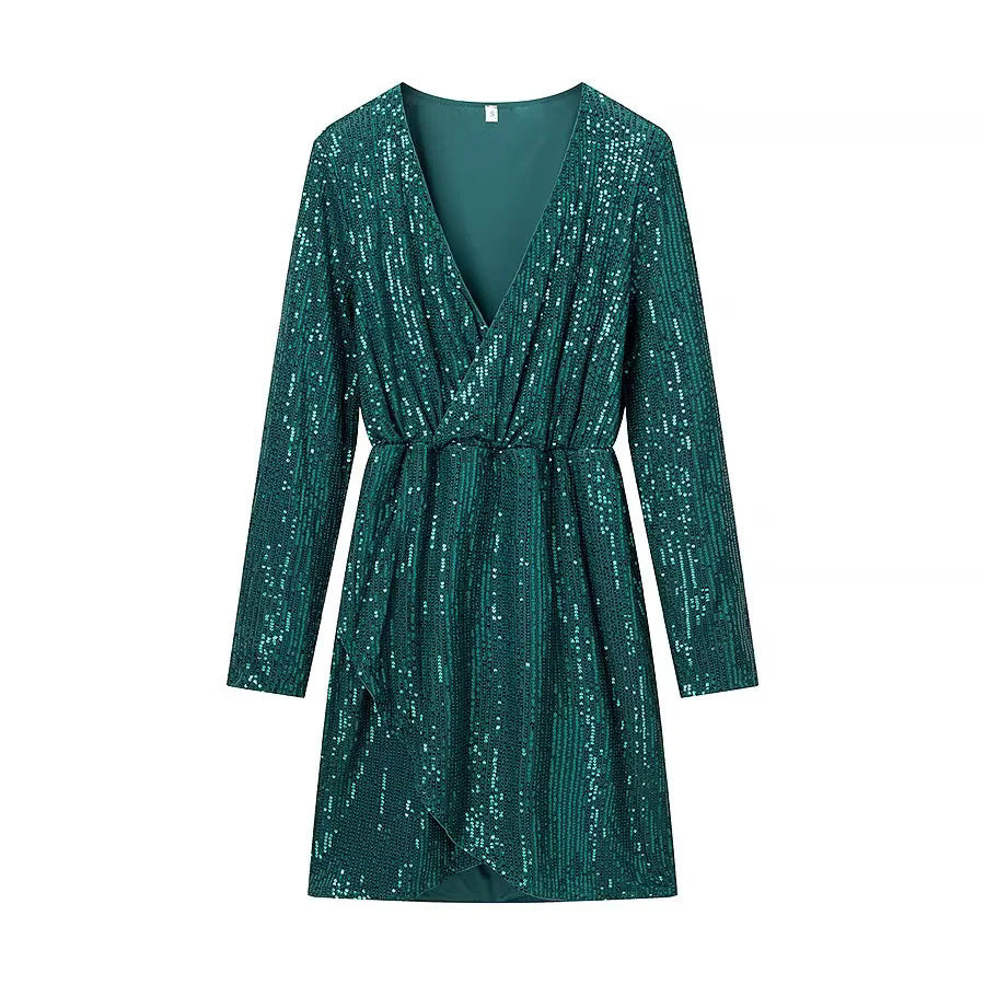 Damen nan Wickel-Minikleid mit Paillettenbesatz, tiefem V‑Ausschnitt und taillierendem Bindegürtel Drune