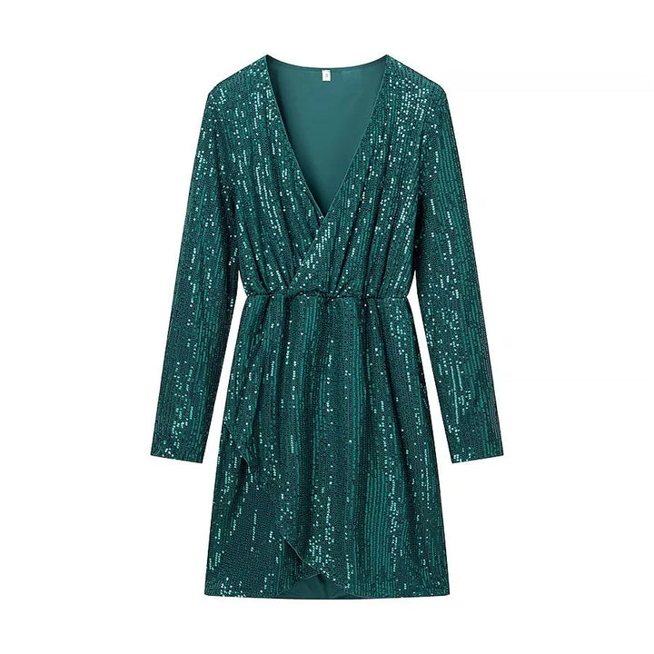 Damen nan Wickel-Minikleid mit Paillettenbesatz, tiefem V‑Ausschnitt und taillierendem Bindegürtel Drune