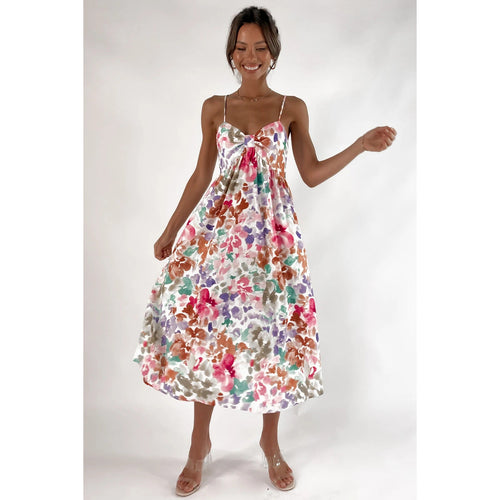 Damen Maxikleid mit floralem Design und dekorativem Knotendetail Drune