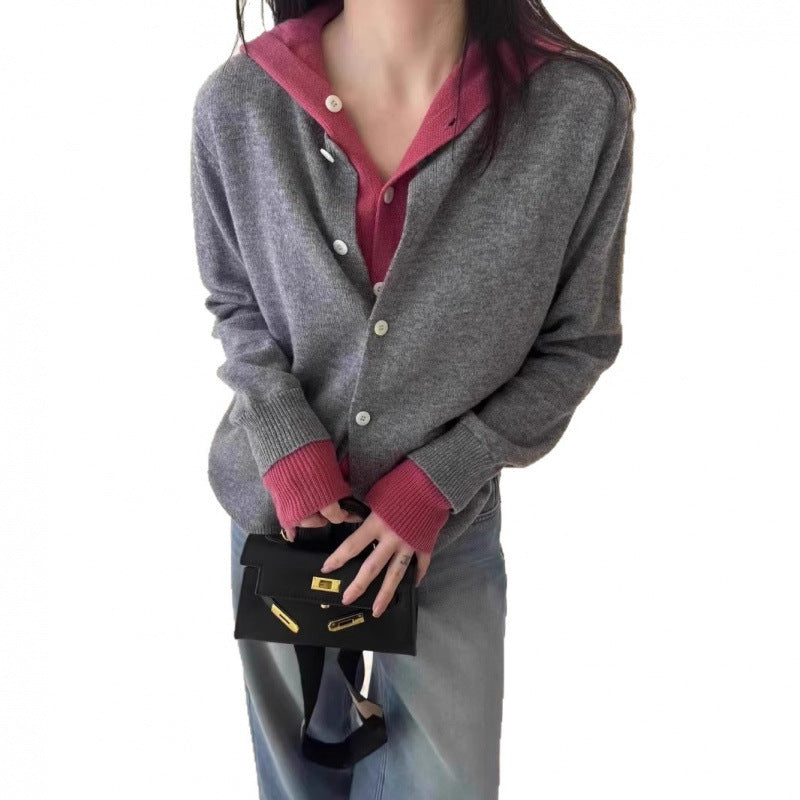 Damen Kuschelige Strickjacke mit kontrastierendem V-Ausschnitt und Knopfdetails Drune