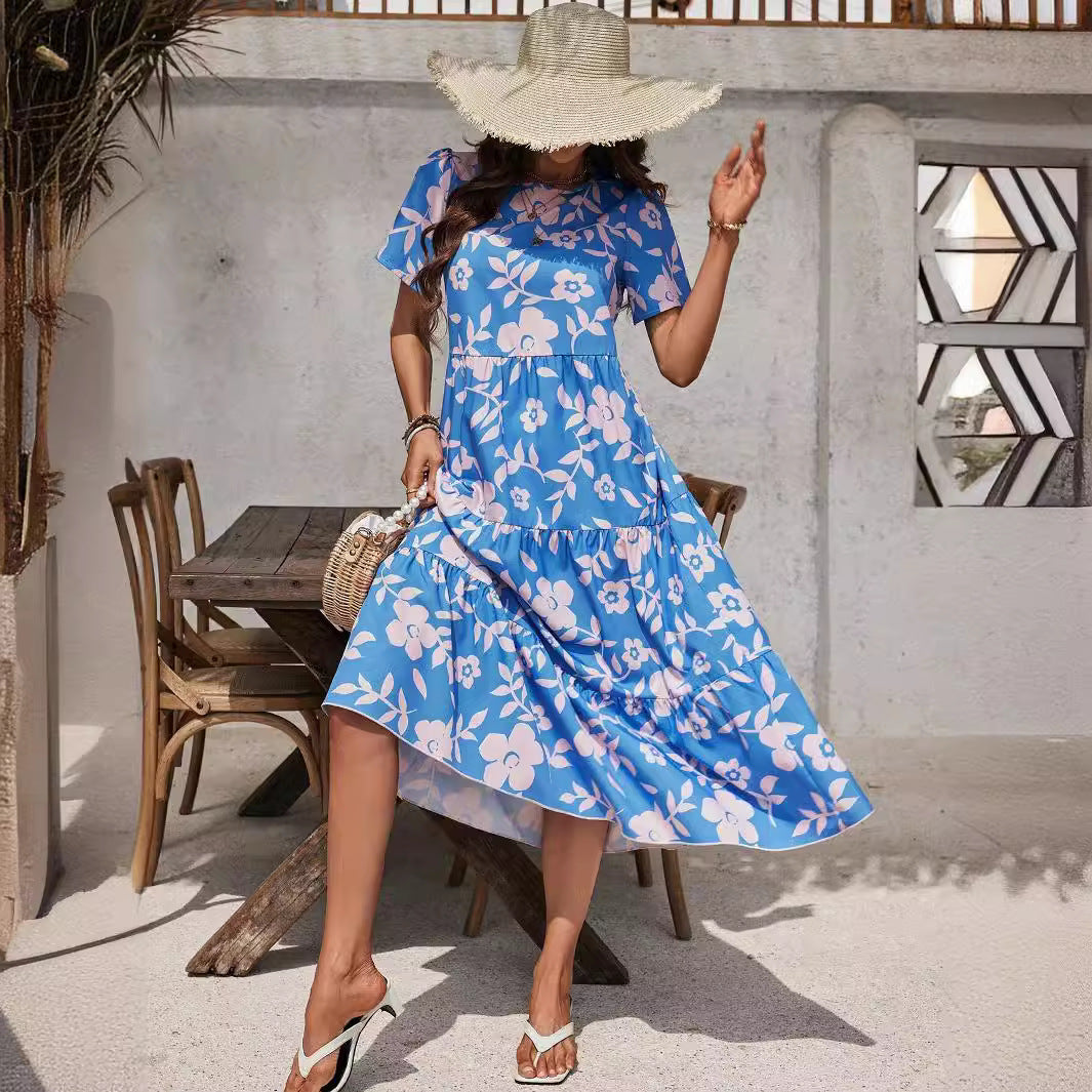 Damen nan luftiges Stufenmidikleid mit hoher Taillennaht, kurzem Ärmel und durchgehendem Blumenmuster Drune