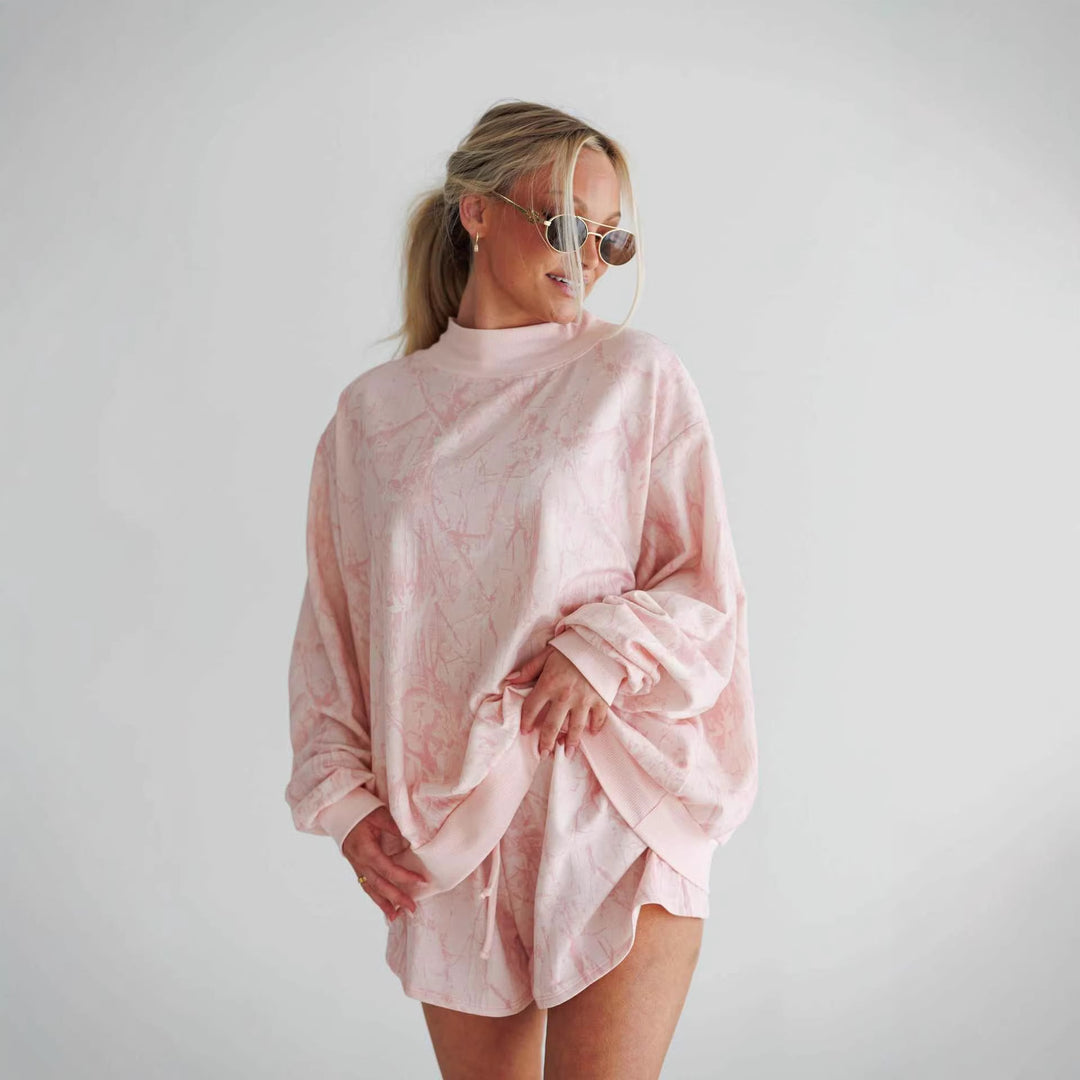 Damen lässiger Sweatshirt- und Shorts-Anzug mit hohem Stehkragen und elastischen Details Drune